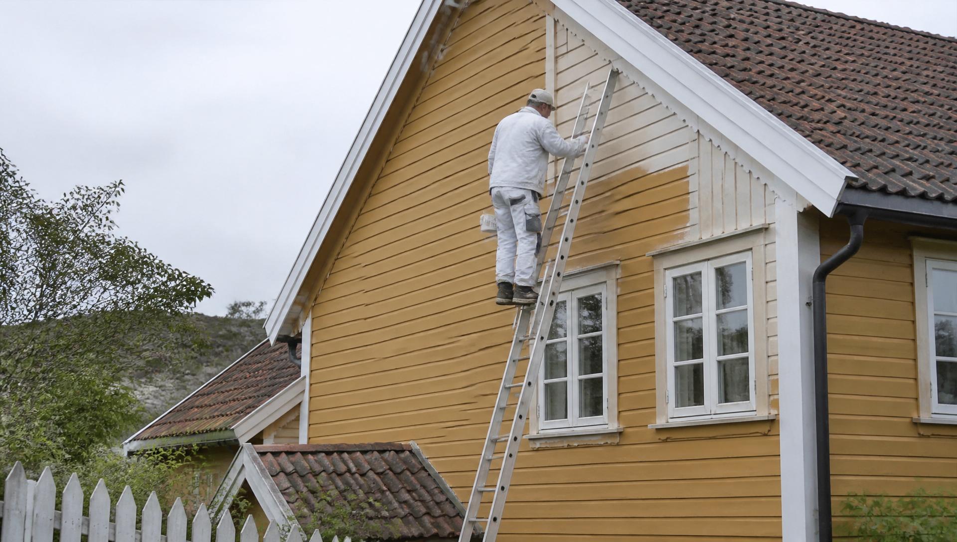 Profesjonell maler i arbeid på norsk trehus